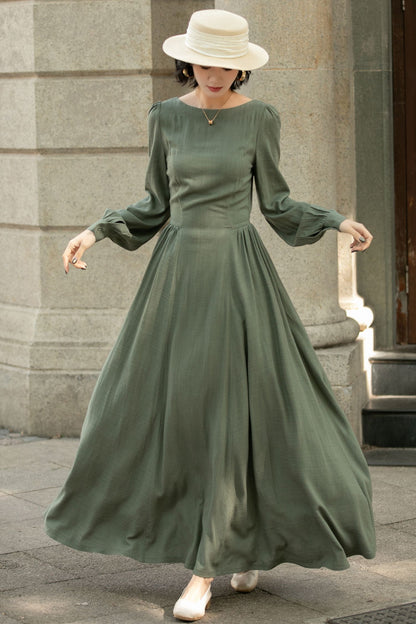 Army Green Linen Cotton Maxi Dress - Pleated Waist and Lantern Sleeves 5678