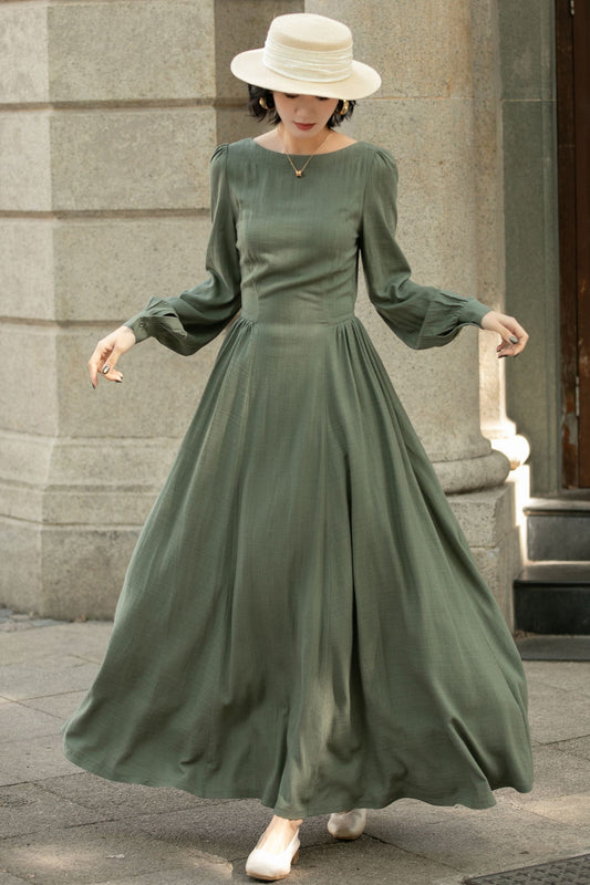 Army Green Swing  Maxi Linen Dress 5678