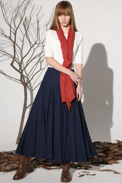 Women’s Handmade Linen Maxi Skirt – Dark Blue Long Flowy Skirt | Xiaolizi 1156