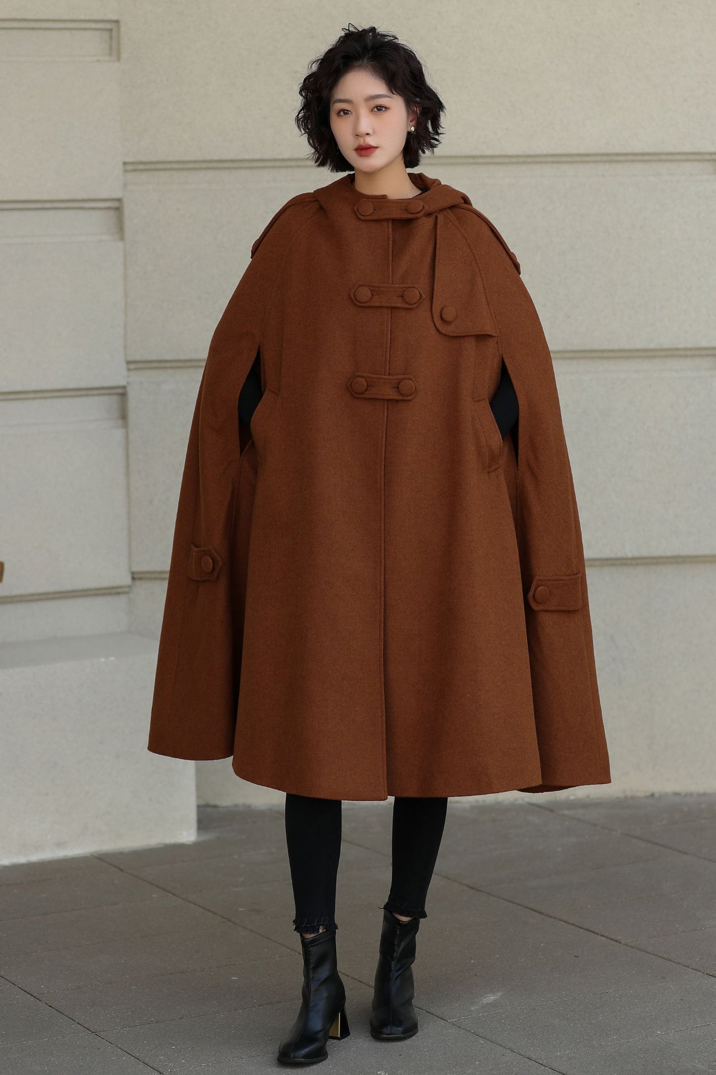 Handmade Wool Hooded Cape – Vintage Winter Cloak Coat with Pockets 6527