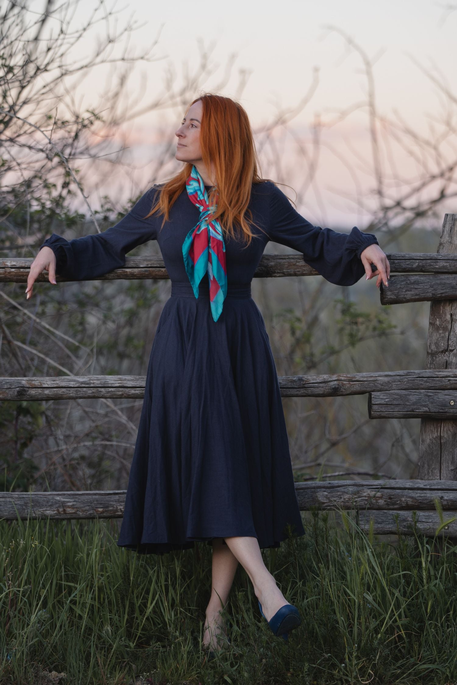 Navy Linen Cotton Midi Dress - Fit and Flare with Lantern Sleeves 5104
