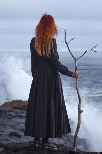 Charcoal Grey Linen Cotton Maxi Dress - Pleated Waist, Lantern Sleeves 2871