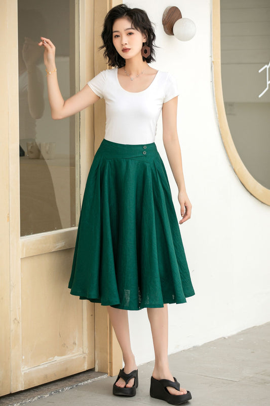 Classic Dark Green Linen Midi Skirt – High-Waisted A-Line Flare – 5834