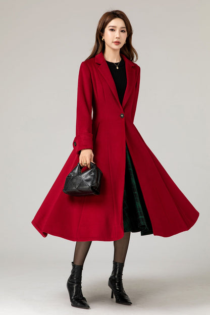 Red Wool Princess Coat - Fitted Waist, Flared Silhouette 5480