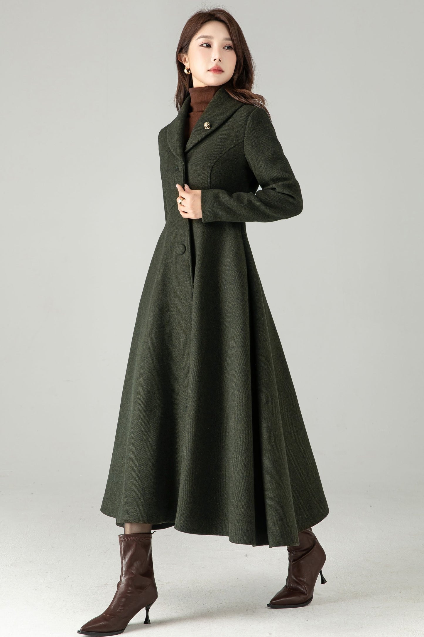 Army Green Herringbone Wool Coat – Elegant A-Line Maxi Winter Coat | Xiaolizi 6574