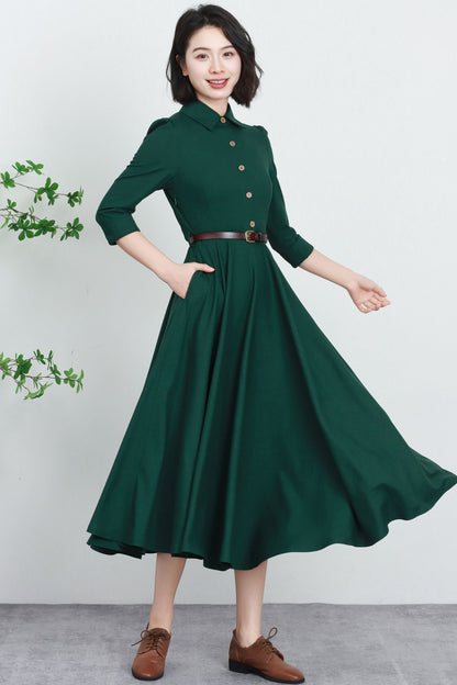 Green Linen A-Line Dress - Button Front, Relaxed Fit 5735