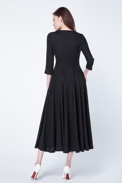 Black Linen Midi Dress - Fit and Flare Silhouette with Pockets 1728