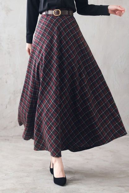 Plaid Wool Maxi Skirt - Vintage British Tartan High Waist Pleated 3100