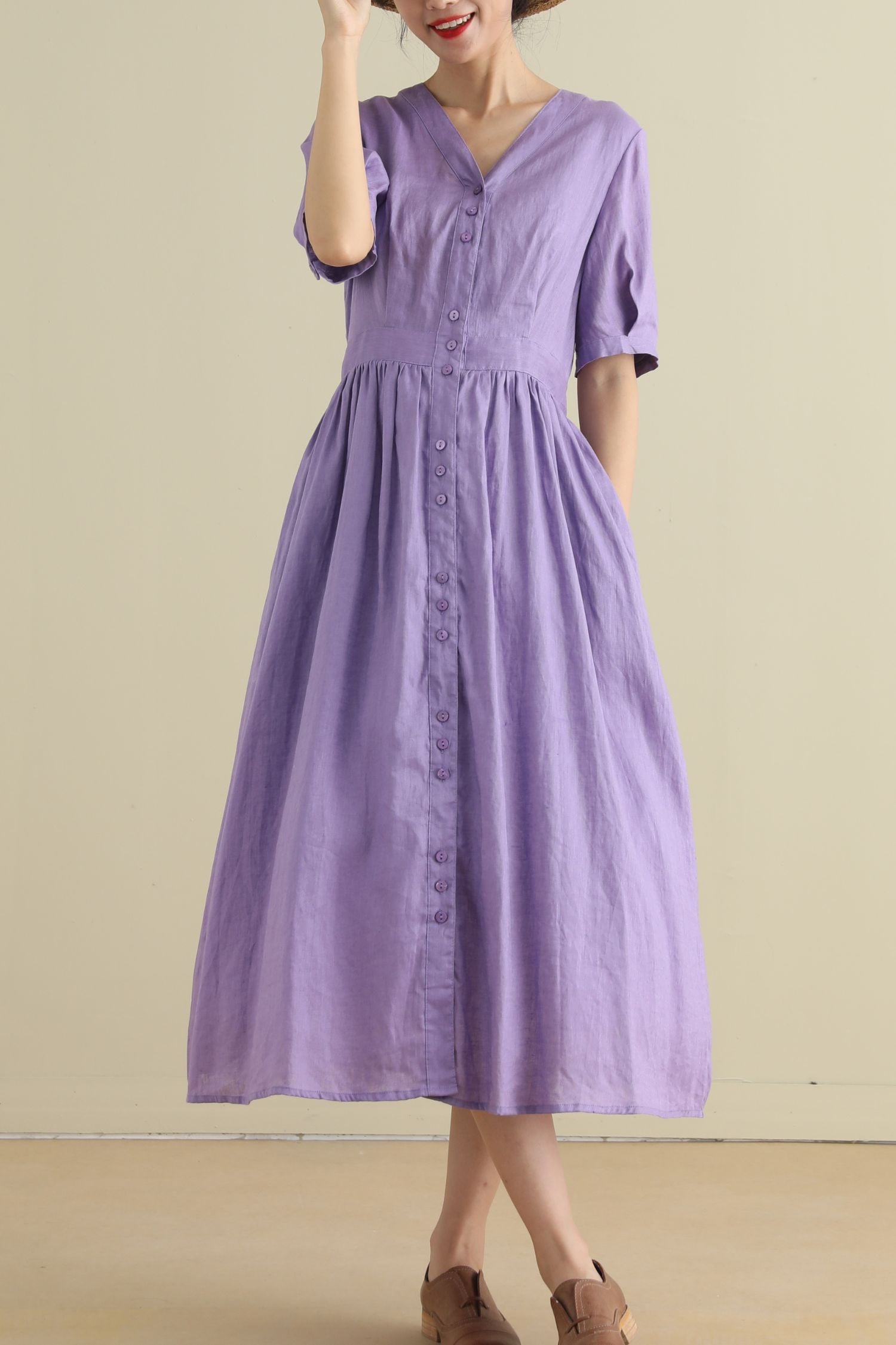 Button up purple midi linen dresses 2796 - purple / XS Button up purple midi linen dresses 2796 - purple / XS