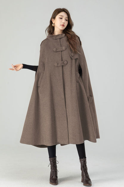Wool Hooded Cape Coat – Vintage Mid-Length Winter Cloak 5252