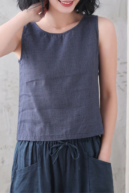 Blue Checked linen Tank Top 3338
