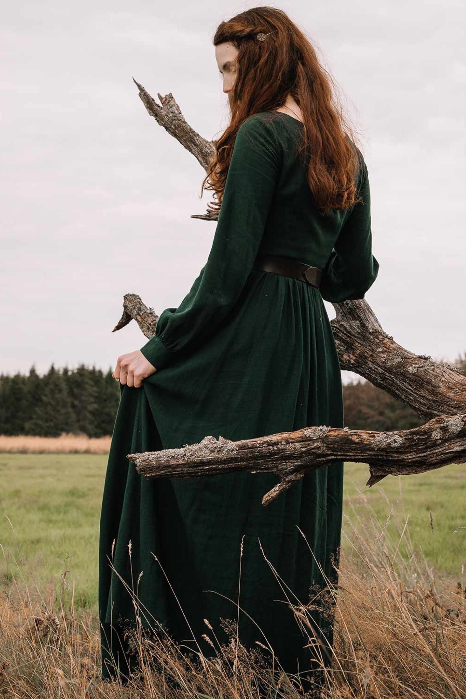 Dark Green Linen Cotton Maxi Dress Vintage Long Sleeve Boat Neck 1454 Emerald Green / Xs Dark Green Linen Cotton Maxi Dress Vintage Long Sleeve Boat Neck 1454 Emerald Green / Xs