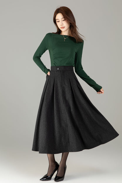 Xiaolizi Classic Pleated Wool-Blend A-Line Midi Skirt – Plus-Size Winter Black 6503