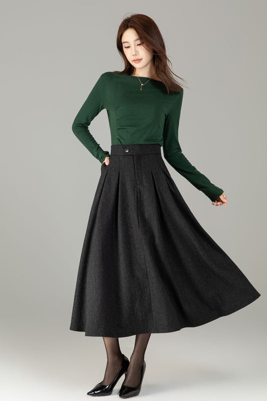 Xiaolizi Classic Pleated Wool-Blend A-Line Midi Skirt – Plus-Size Winter Black 6503