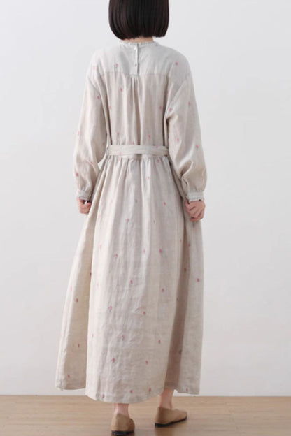 Romantic floral beige linen dress for women 4830