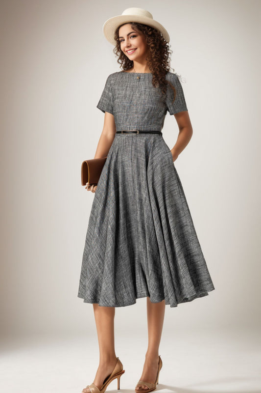 Gray swing summer linen dress 5068