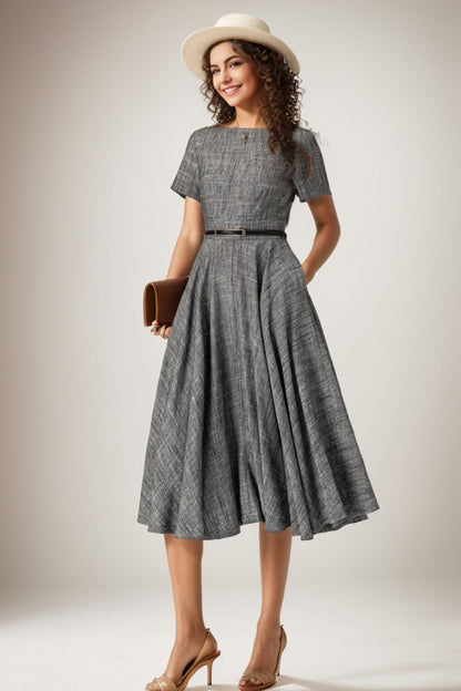 Vintage Summer Linen Midi Dress – Fit and Flare Garden Party Dress 5068
