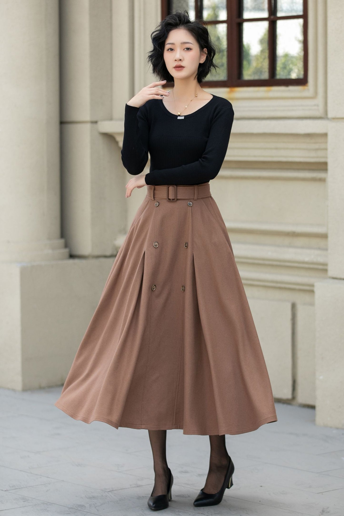 Brown button front a line wool skirt 5453