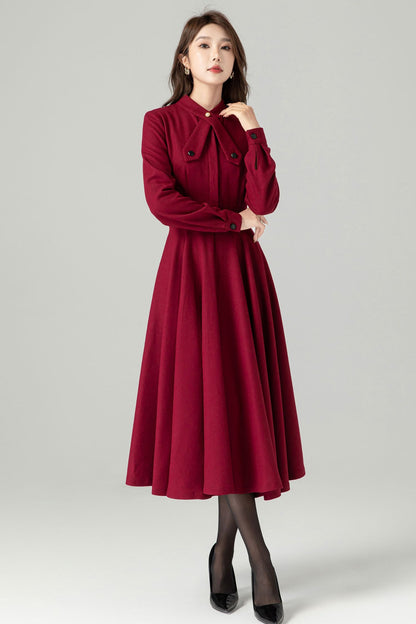 Burgundy Wool Blend Vintage Dress – Long Sleeve Fitted Waist Flared Midi 4490