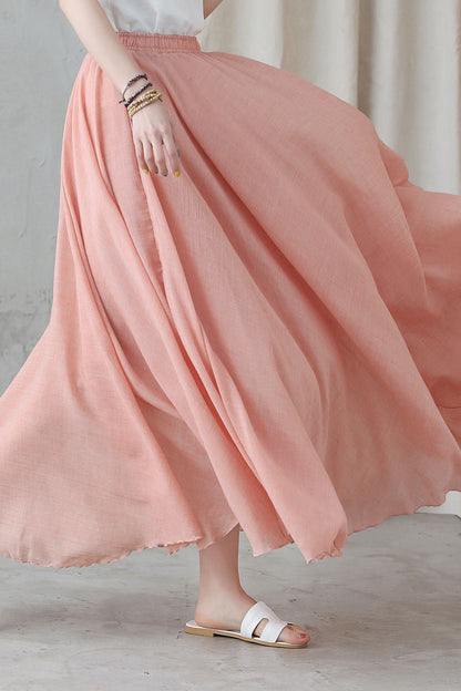 Pink Linen Maxi Skirt - Flowy Bohemian Circle Skirt 2745