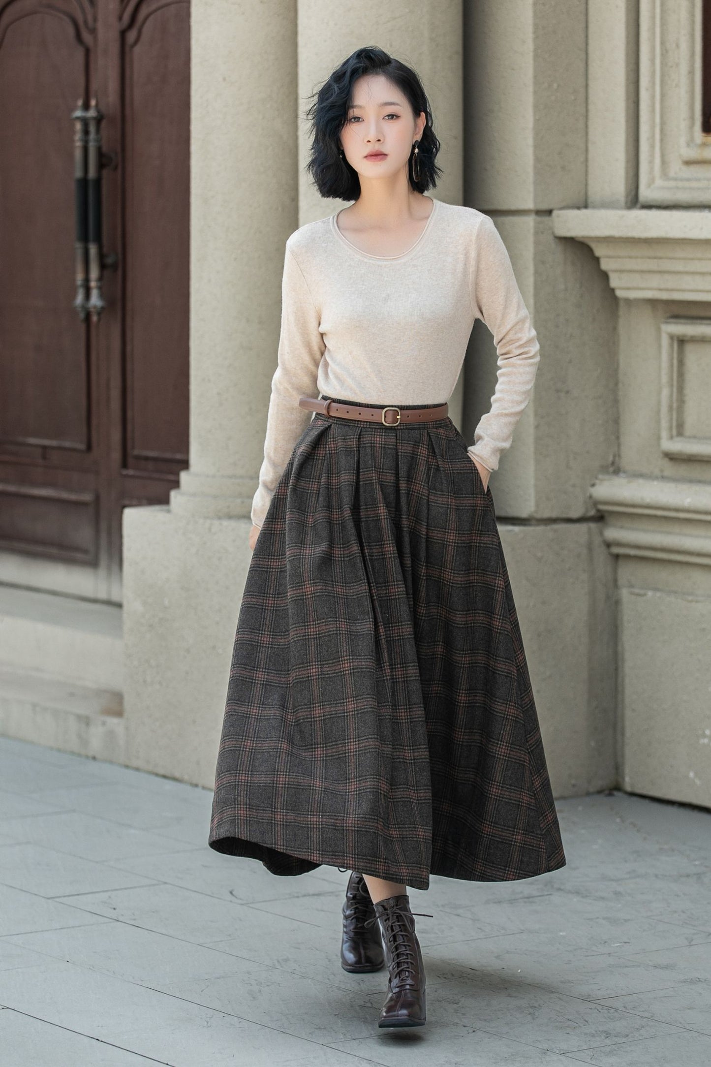 A line plaid midi winter wool skirt 5315