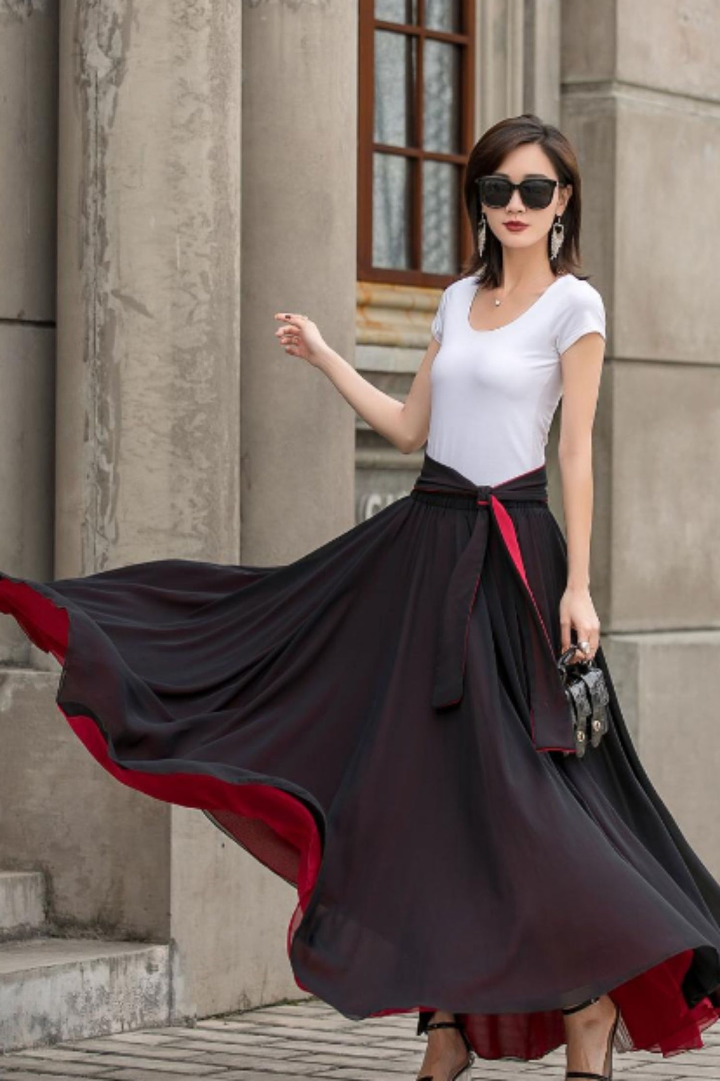 Women Black Chiffon Long Maxi Skirt 2714