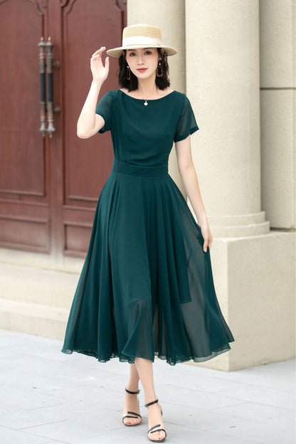 Emerald Green Chiffon Midi Fit and Flare Dress - Sheer Sleeve 5145