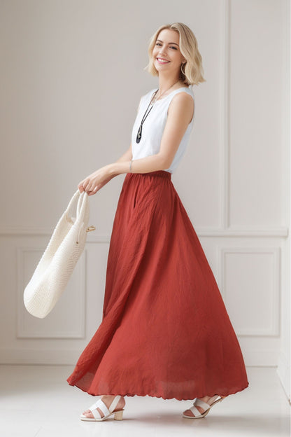 Bohemian Rust Red Linen Maxi Skirt – High-Waist Swing Hem – 2744