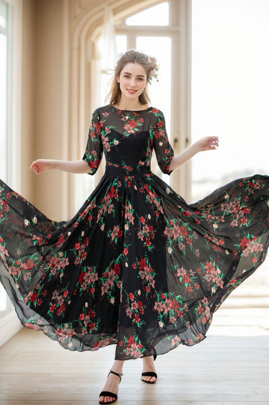 Black Floral Swing Summer Chiffon Dress 5112