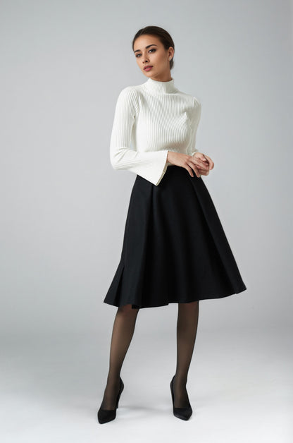 Black Wool Knee Length Skirt - Pleated A-Line Silhouette 6291
