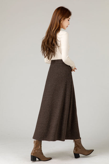 Handmade Wool Blend Skirt – Elegant Dark Brown Wrap Midi for Autumn Winter 5484