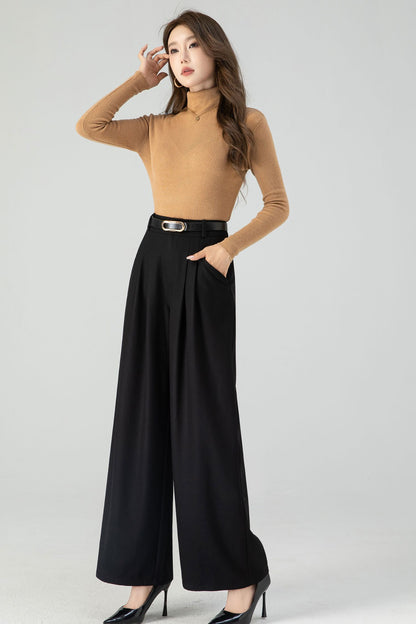 Black wide leg long wool pants women 4555