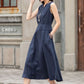 Casual sleeveless Navy linen midi dress 2593