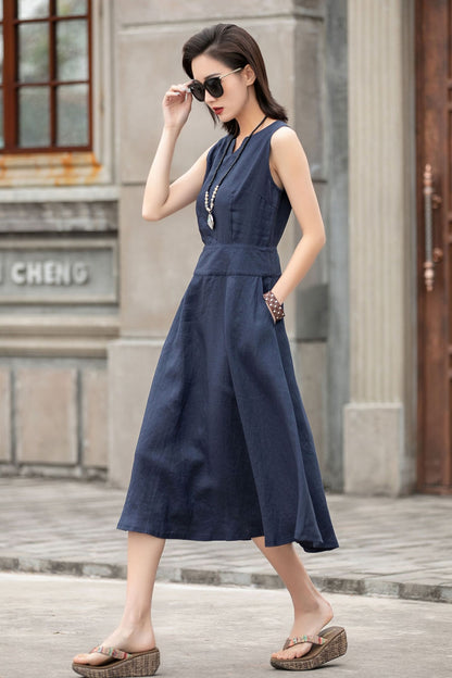 Classic Sleeveless Navy Linen Midi Dress – V-Notch Neckline – 2593
