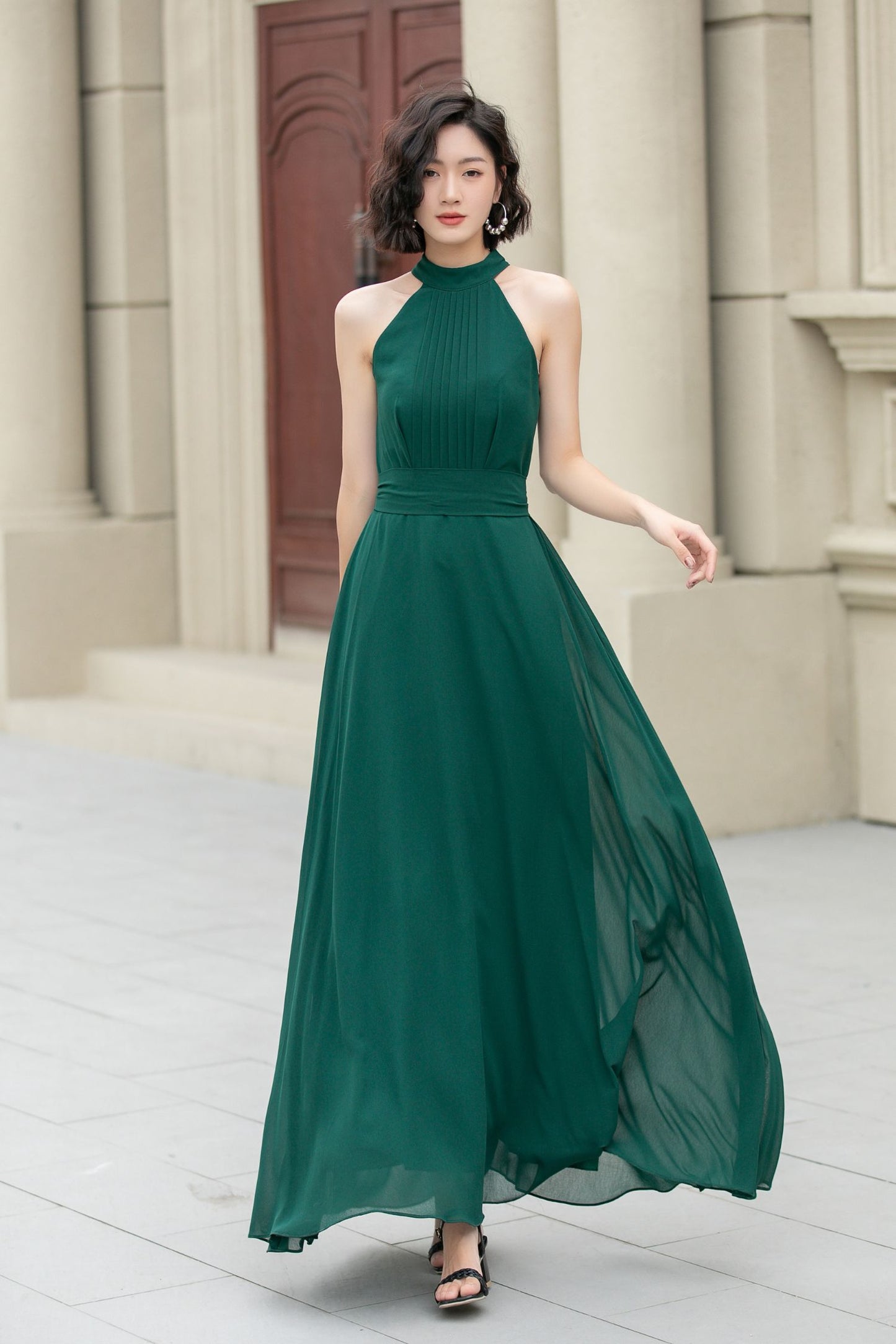 Dark green maxi halter summer party dress 5172