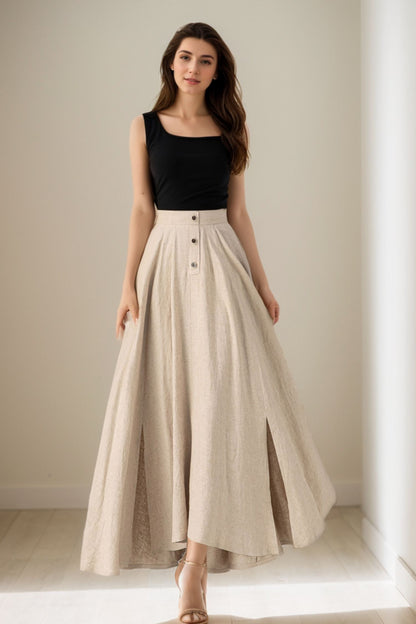 Beige Linen Cotton Maxi Skirt - A-Line with Front Buttons 5069