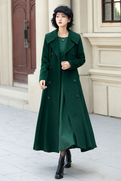 Elegant Winter Wool Coat – Dark Green Double Breasted A-Line – 5452