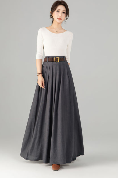 Dark Grey Linen Cotton Maxi Skirt - Pleated Waist with Side Pockets 5701
