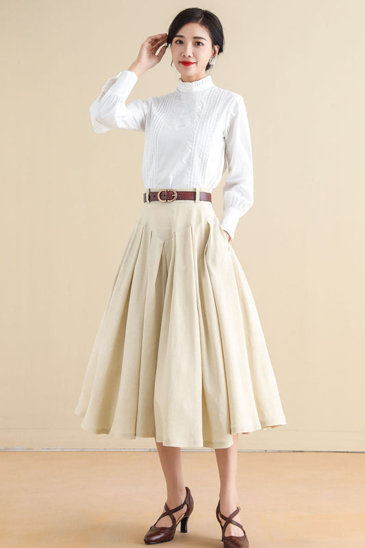 Women Beige Pleated Linen Midi Skirt 2797