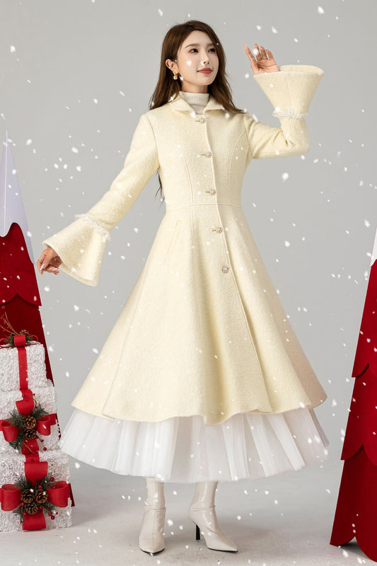 Beige swing prom wedding wool coat 4617