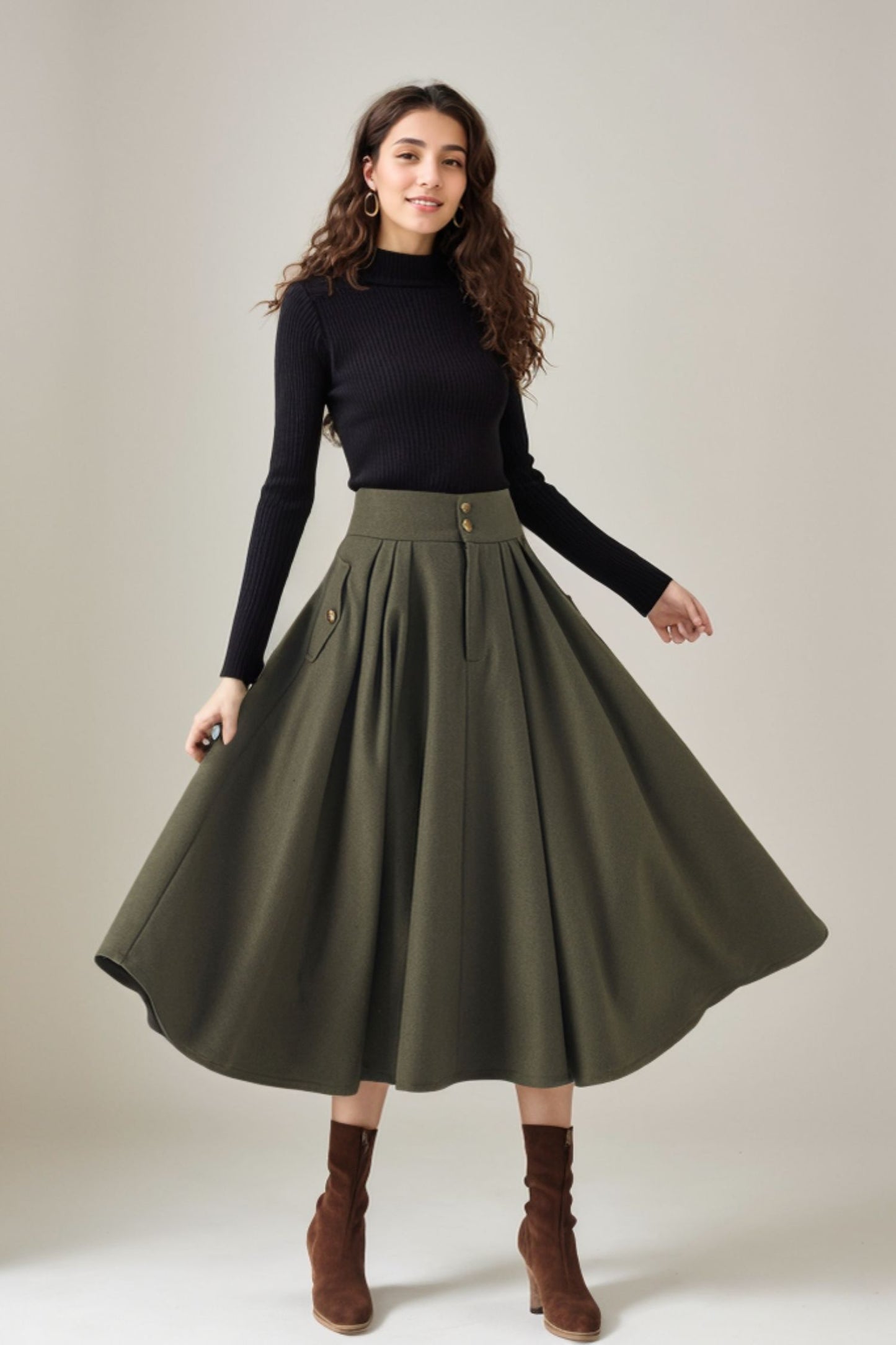 Army green swing winter wool skirt 5249