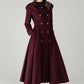 Hooded Burgundy Wool Coat – Elegant Double-Breasted Long Swing Coat | Xiaolizi 6573