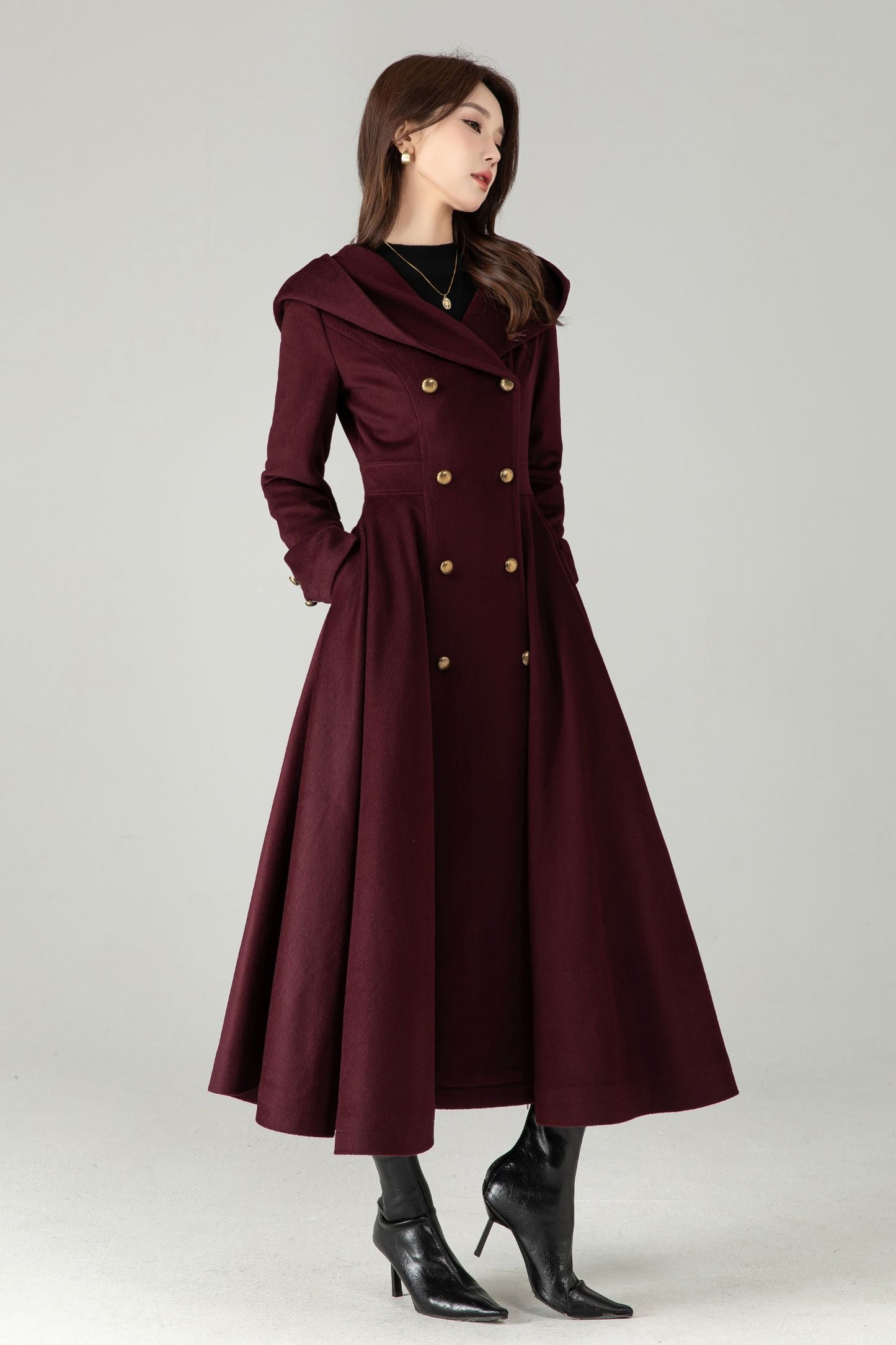 Hooded Burgundy Wool Coat – Elegant Double-Breasted Long Swing Coat | Xiaolizi 6573