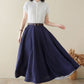A line navy blue swing midi linen skirt 4971