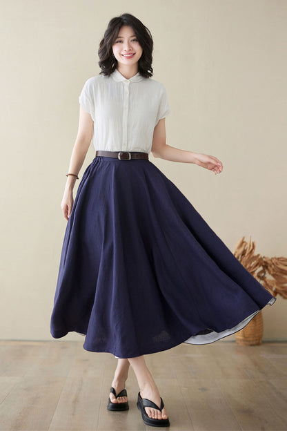 A line navy blue swing midi linen skirt 4971 -Size XS #CK2400195