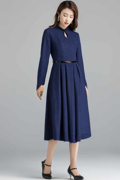 Blue Wool Midi Dress - Mandarin Collar, Pleated A-Line Silhouette 2401