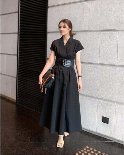 Black Linen Wrap Dress – Short Sleeve Midi Dress with Belt & Pockets 6674