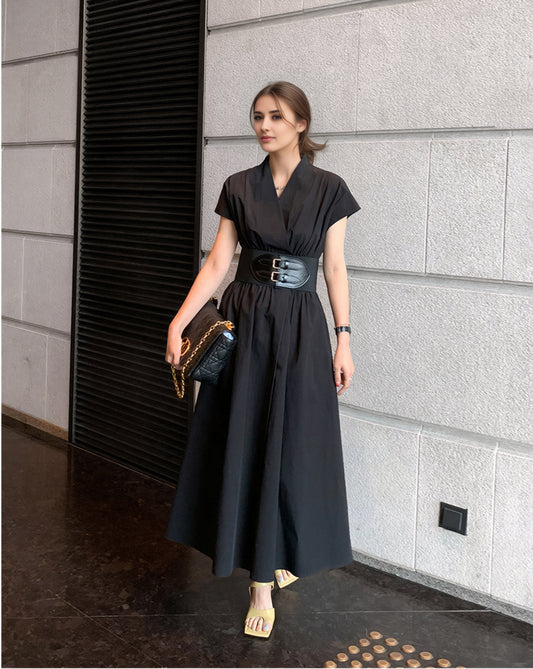 Black Linen Wrap Dress – Short Sleeve Midi Dress with Belt & Pockets 6674