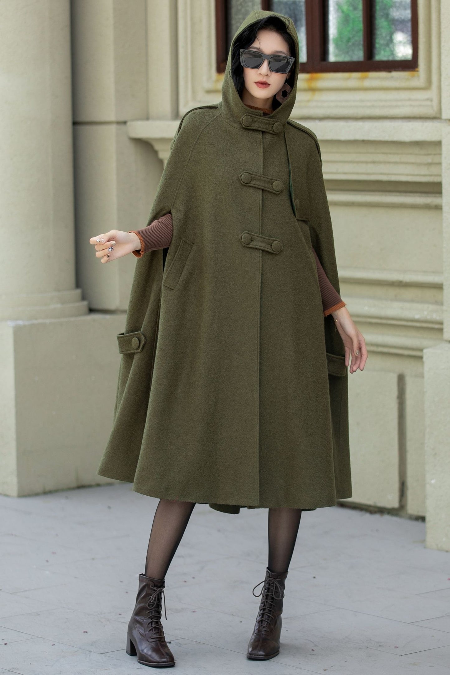 Military green wool winter cape coat 5351