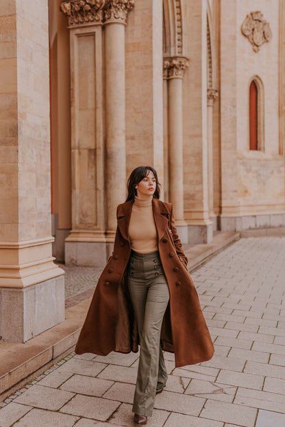 Brown Wool A-Line Trench Coat - Double Breasted Maxi | Xiaolizi 4142